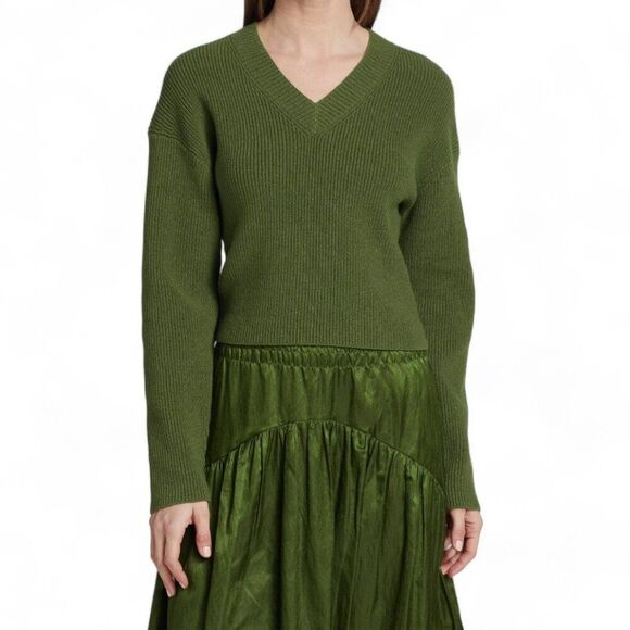 Vince Women's Size 4 Herb Metallic Green Smocked Midi Skirt - Picture 2 of 12